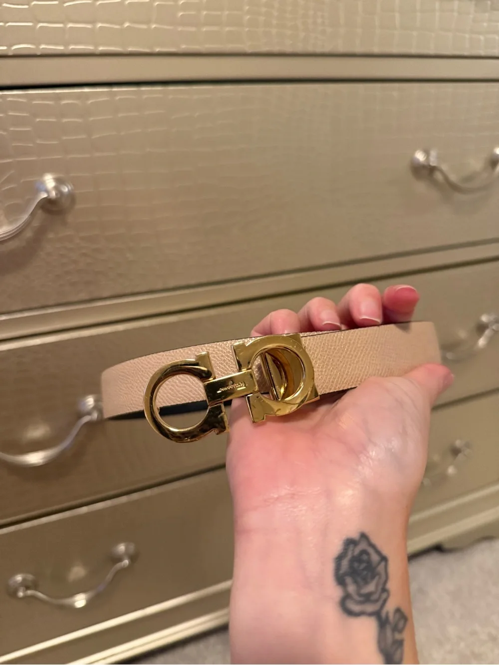 Salvatore Ferragamo Beige Leather Belt with Gold Gancini Buckle